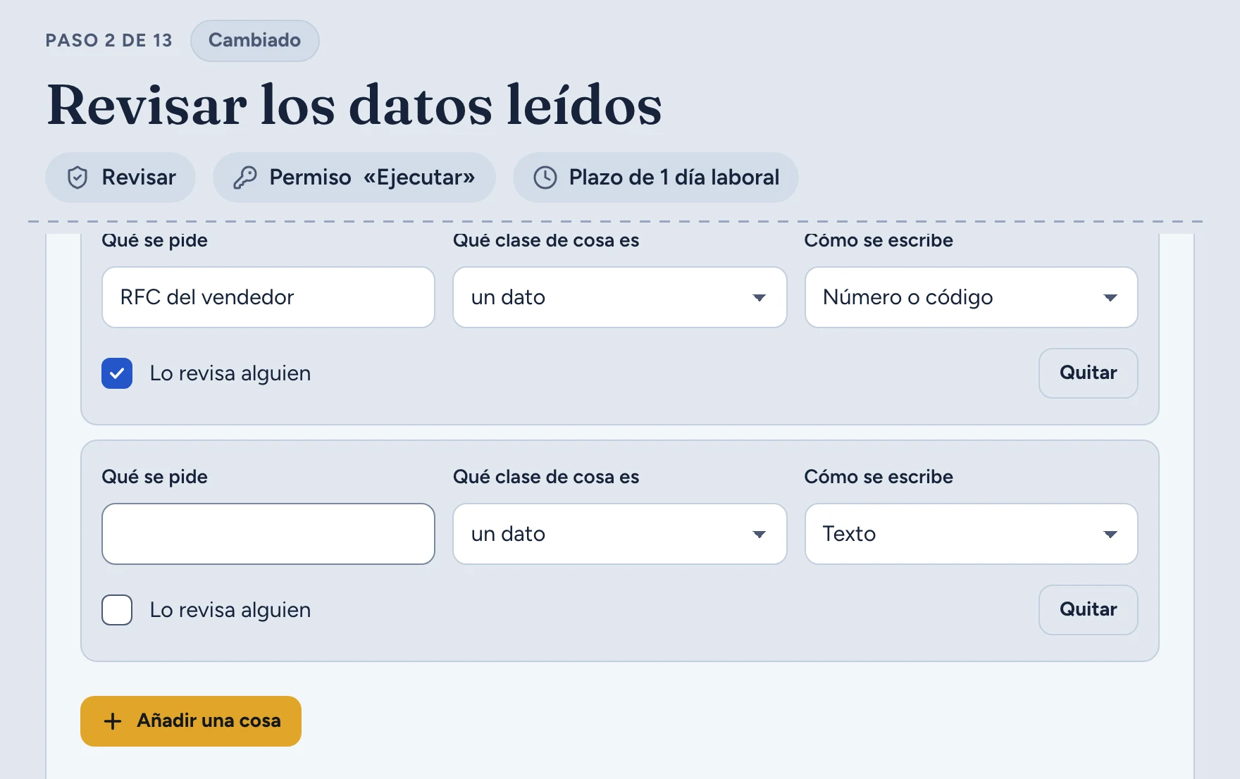 Editor del paso «Revisar los datos leídos», con una cosa nueva agregada y el botón «Añadir una cosa»