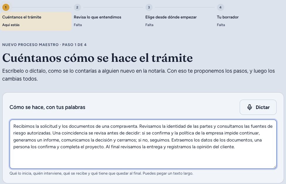 Pantalla «Cuéntanos cómo se hace el trámite» con la explicación de una compraventa escrita por la notaría