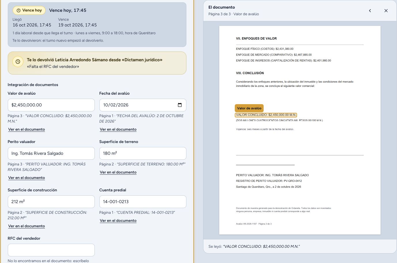 Datos leídos del avalúo junto al documento de origen, con el valor resaltado en la página 3
